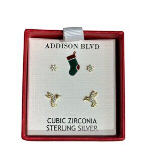 NEW Addison BLVD Hummingbirds Sterling Silver CZ 2 Pair Post Earring Set